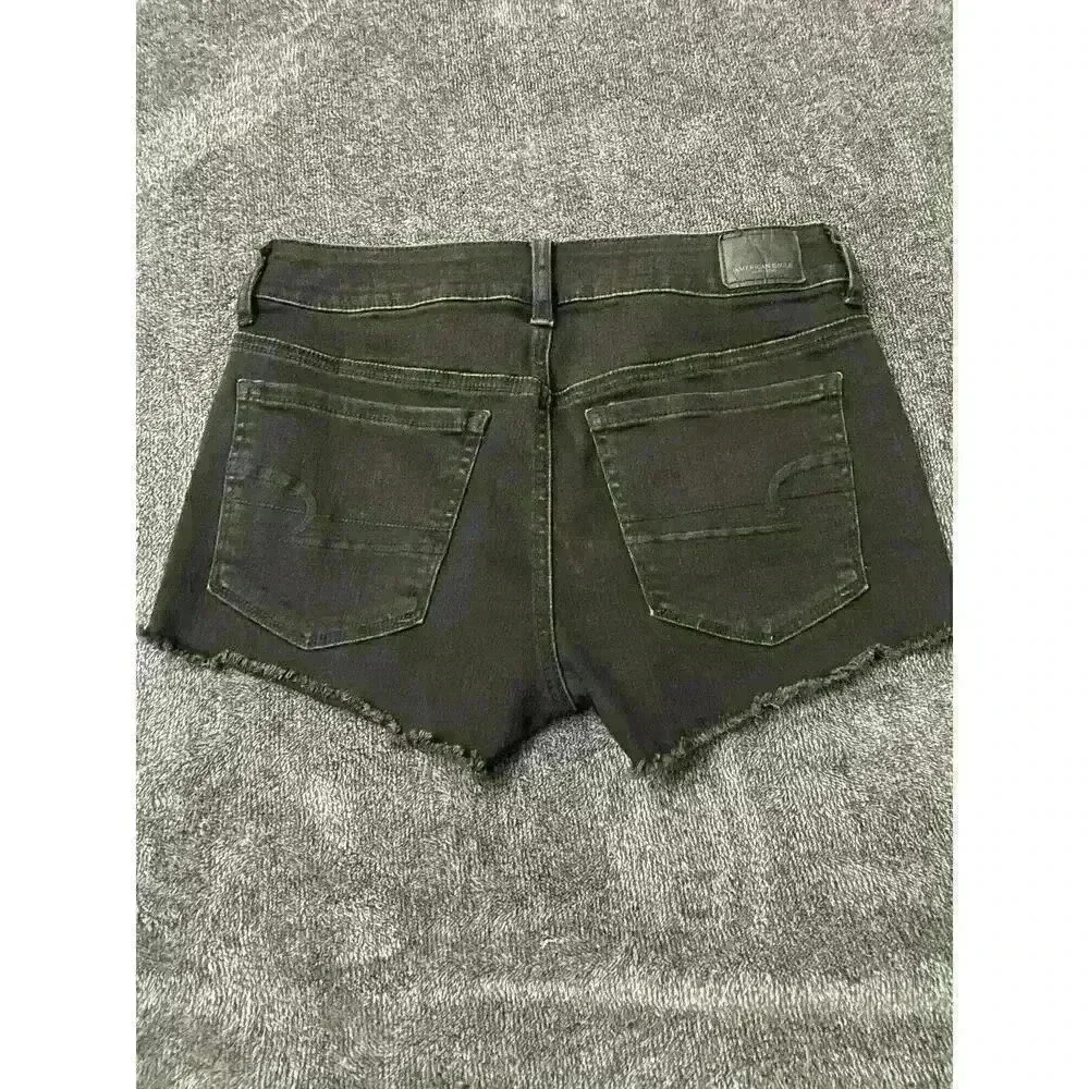 American Eagle Hi Rise Shortie Denim Shorts Womens Size 6 Black Crochet lace